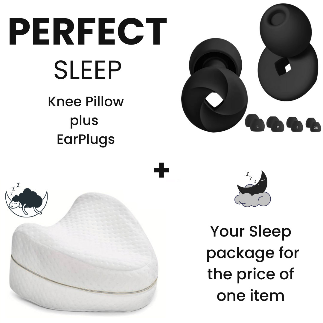 Bundle Sleep Package; Ergonomic Knee Pillow + Sleep Earplugs (inc 4x replaceable tips)