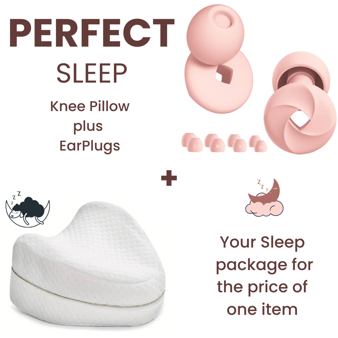 Bundle Sleep Package; Ergonomic Knee Pillow + Sleep Earplugs (inc 4x replaceable tips)