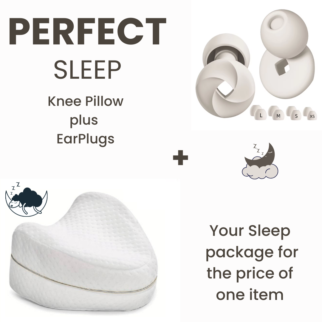 Bundle Sleep Package; Ergonomic Knee Pillow + Sleep Earplugs (inc 4x replaceable tips)