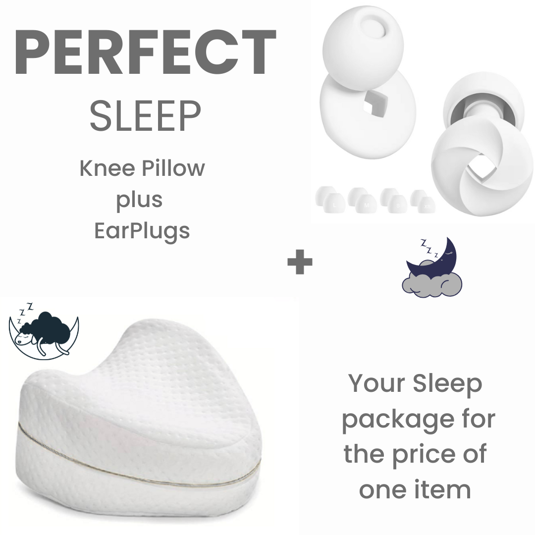 Bundle Sleep Package; Ergonomic Knee Pillow + Sleep Earplugs (inc 4x replaceable tips)