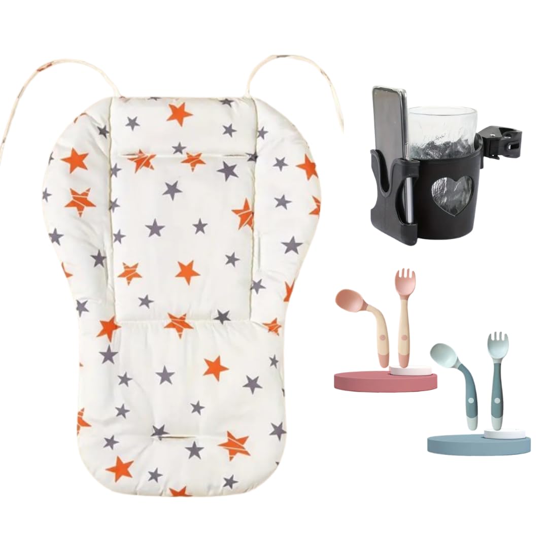 Universal Stroller Cushion Insert (Stars) Plus+ Mobile Phone & Cup Holder Plus+ Baby Cutlery Set (x2)