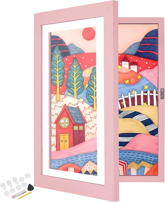Kids Art Frames,Kids Artwork Display Frame Front Opening A4, Childrens Artwork Display Picture Wooden Frame for 50+ Pictures, Display or Hang Your Kids Artwork(White-2Pcs) (Pink)