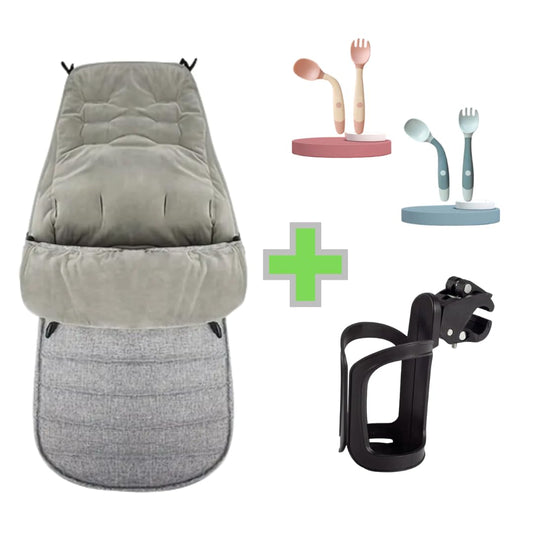 Universal Footmuff for Pram (Grey) + Cup Holder + 2X Cutlery Set