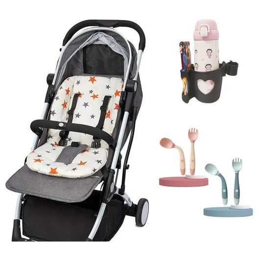 Universal Stroller Cushion Insert (Stars) Plus+ Mobile Phone & Cup Holder Plus+ Baby Cutlery Set (x2)