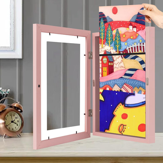 Kids Art Frames,Kids Artwork Display Frame Front Opening A4, Childrens Artwork Display Picture Wooden Frame for 50+ Pictures, Display or Hang Your Kids Artwork(White-2Pcs) (Pink)