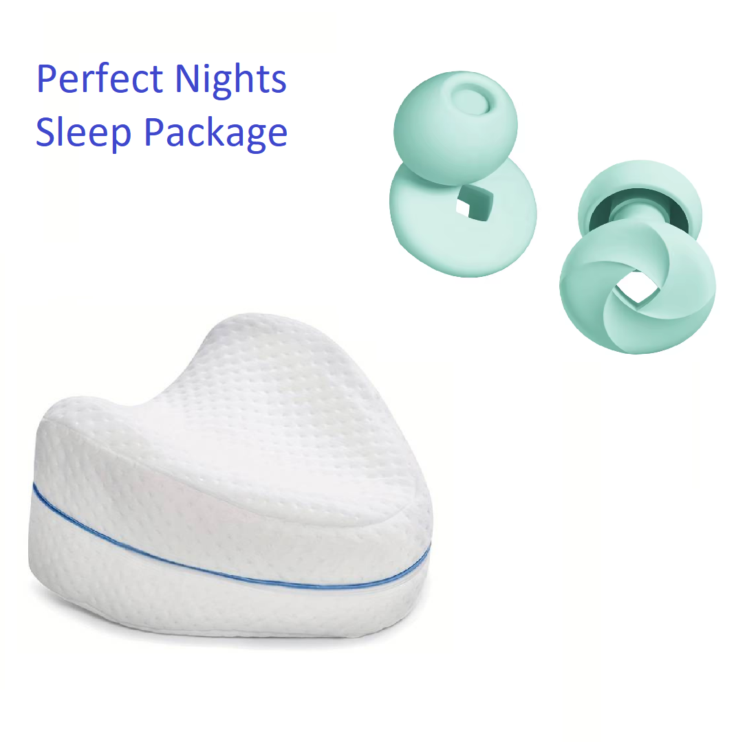 Bundle Sleep Package;  Ergonomic Knee Pillow + Sleep Earplugs (inc 4x replaceable tips)