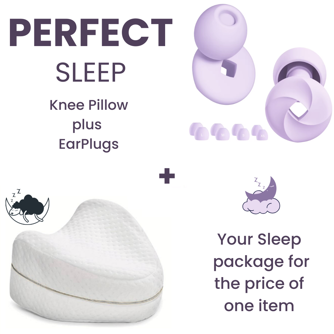 Bundle Sleep Package;  Ergonomic Knee Pillow + Sleep Earplugs (inc 4x replaceable tips)